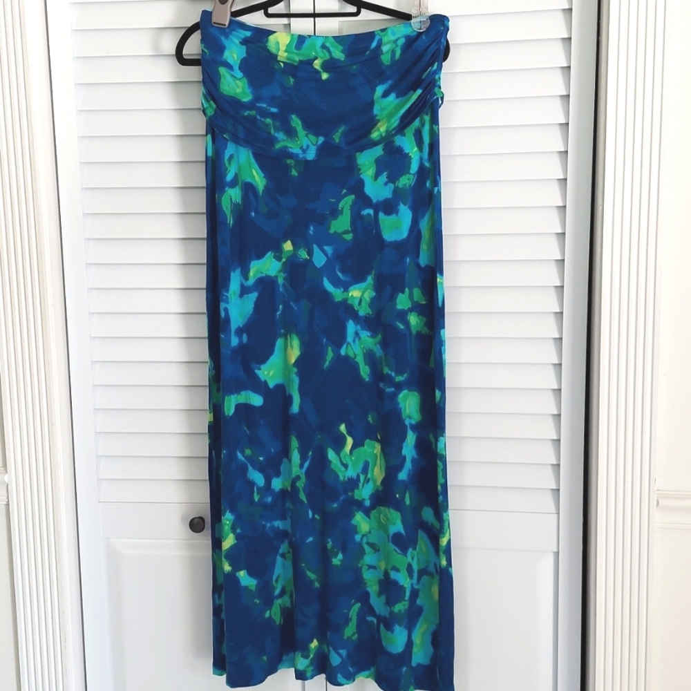 Willi Smith Maxi, Size L, Strapless, Full Skirt, Blue & Green Abstract